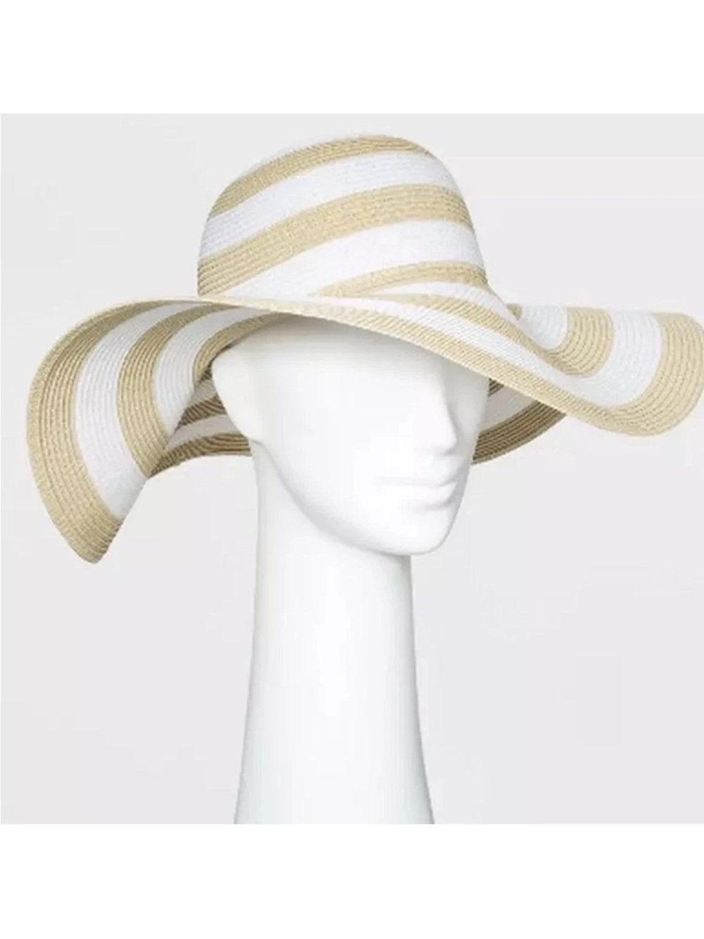 Shade & Shore Wide Brim Floppy Sun Hat Beige White Stripe Resort Beach NWOT - Picture 2 of 9